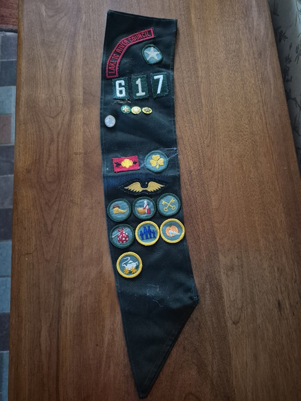 Vintage #617 Girl Scout Merit Badges with Patch Accents On A Hunter Green Sash